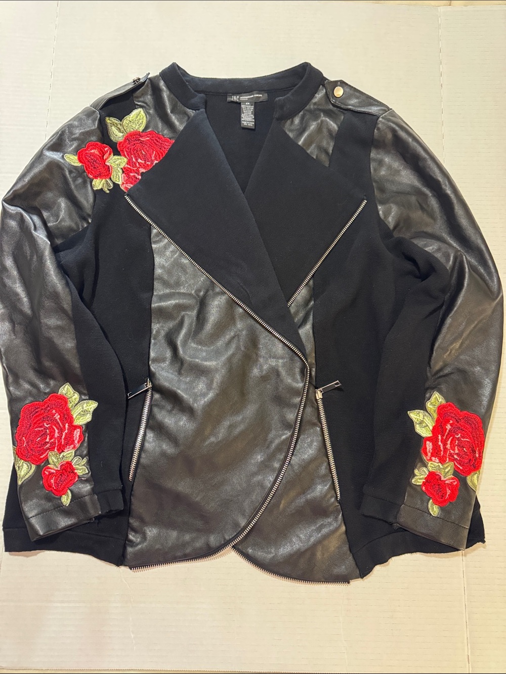 Black Faux Leather Moto Jacket with Red Rose Embroidered Accents 203